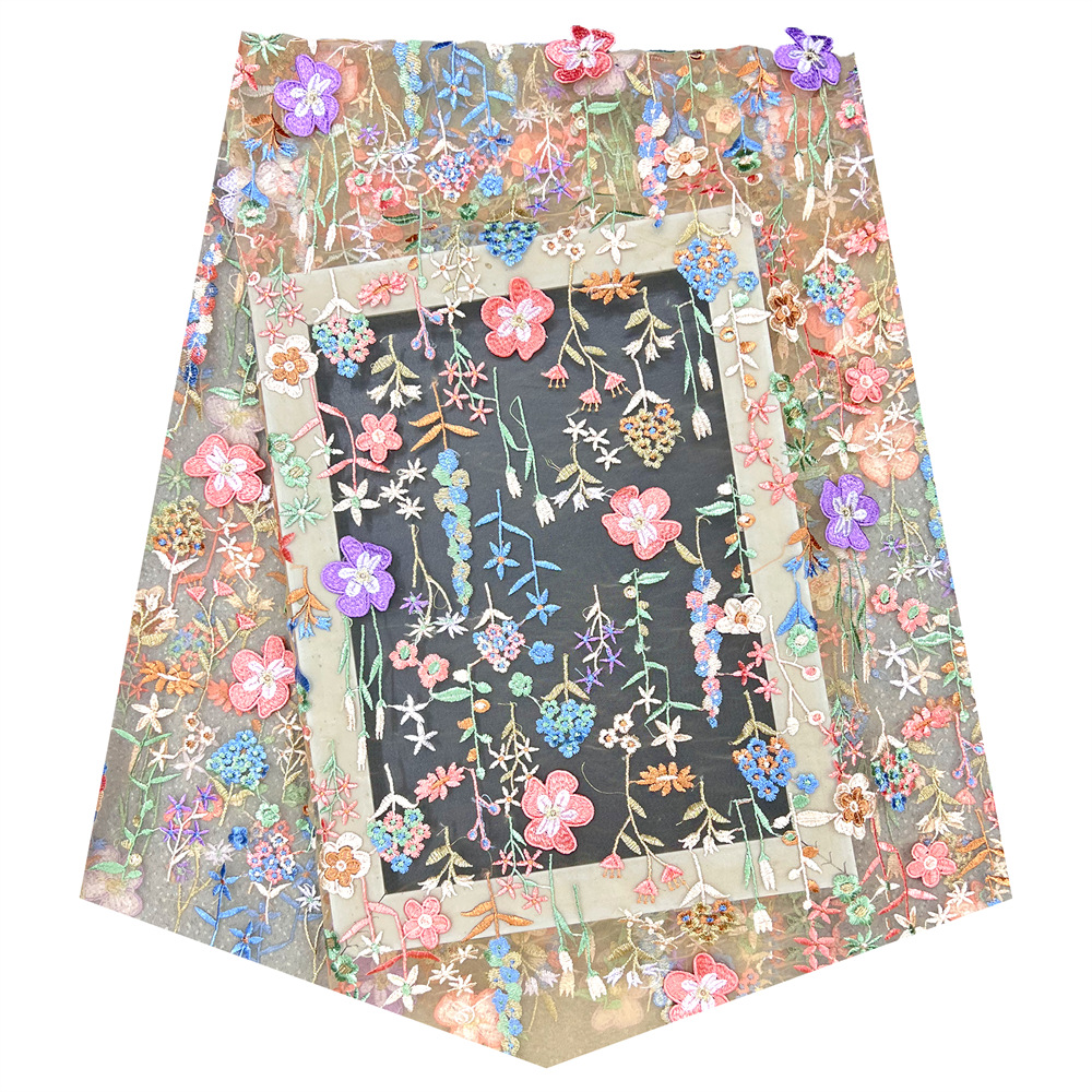 2Yards.3D 花マルチカラーメッシュ刺繍生地レース婦人服ウェディングドレス刺繍生地