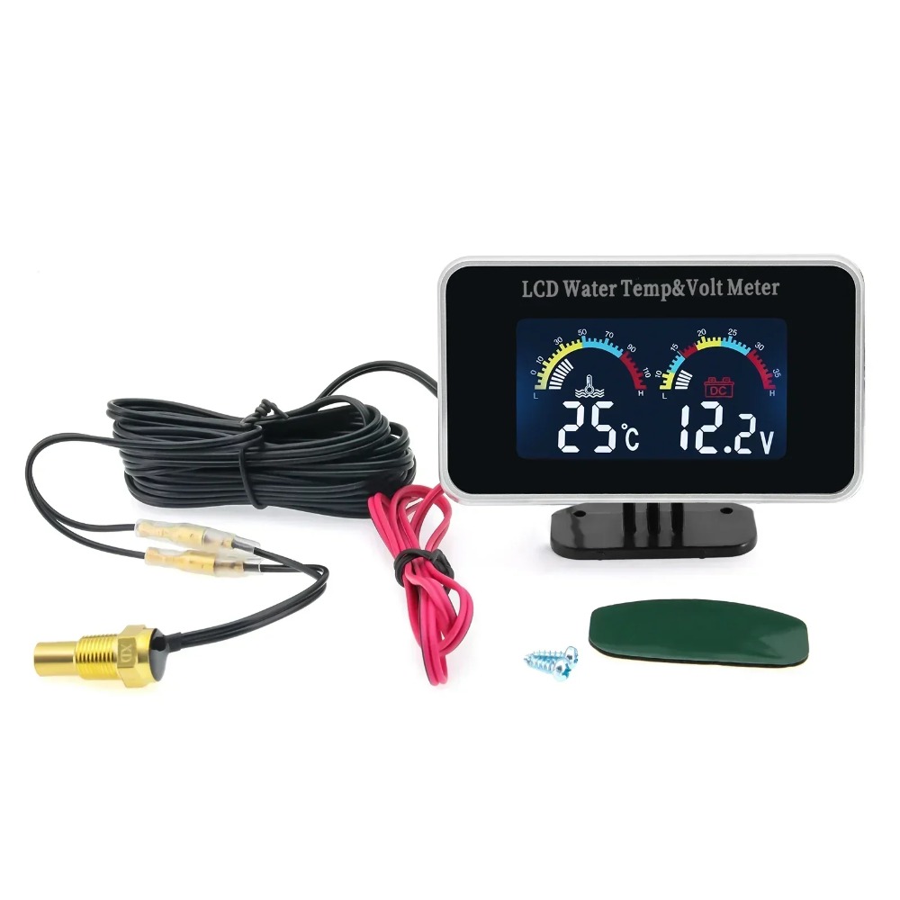 12V/24V Digital LCD Color Screen Display Water Temp Volt 2-in-1 Electronic Water Temperature Gauge for Car Truck Vehicle Tools
