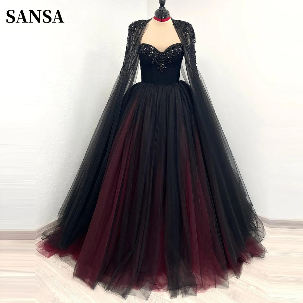 Sansa ゴシック黒と赤のウェディングドレススパンコールケープスリーブ夜会服 Vestidos デノビアカスタマイズされた A ラインウエディングドレス