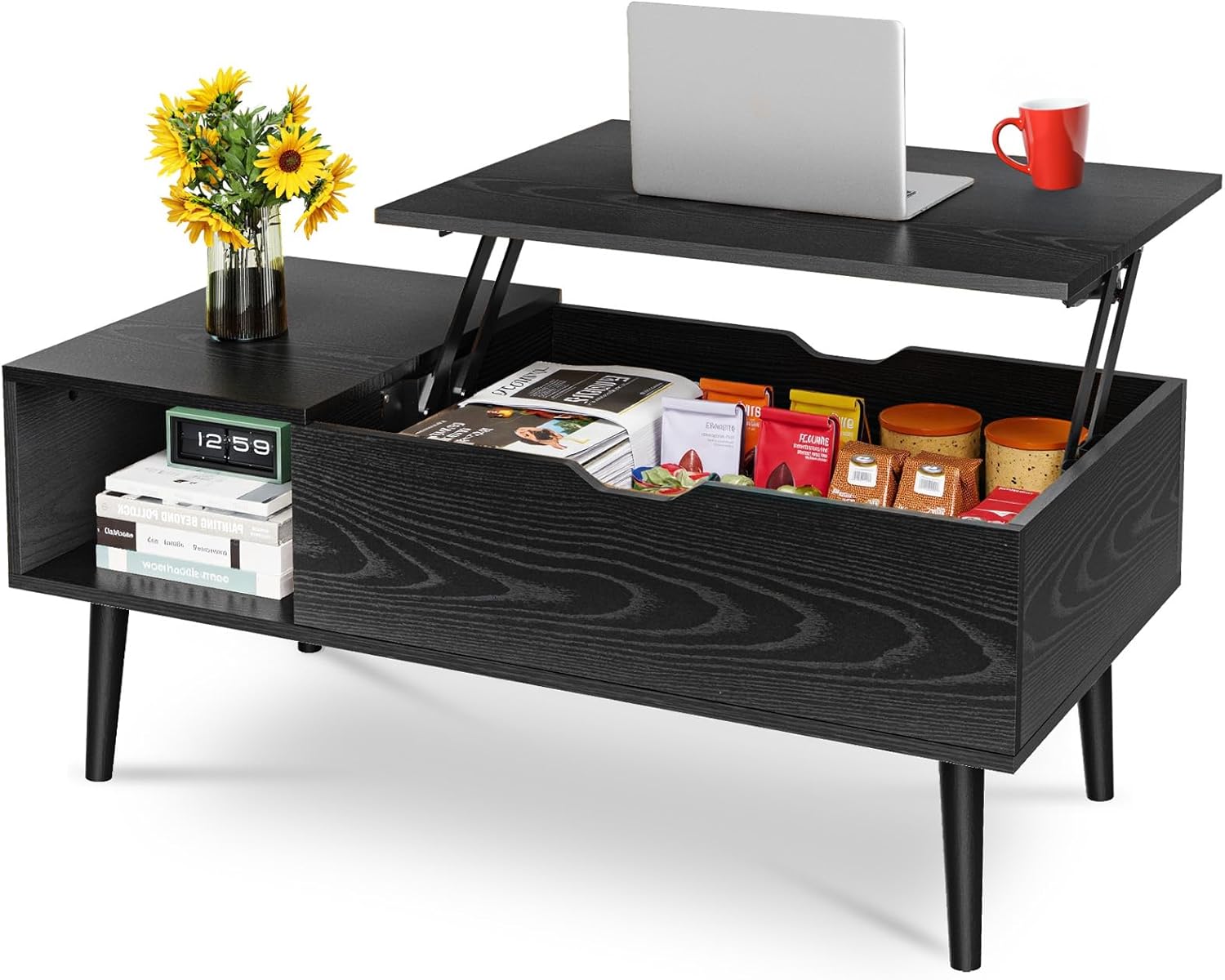 隠しコンパートメントと大きな収納棚付き木製リフトトップコーヒーテーブル、ホームリビングRo用リフトテーブルトップダイニングセンターテーブル