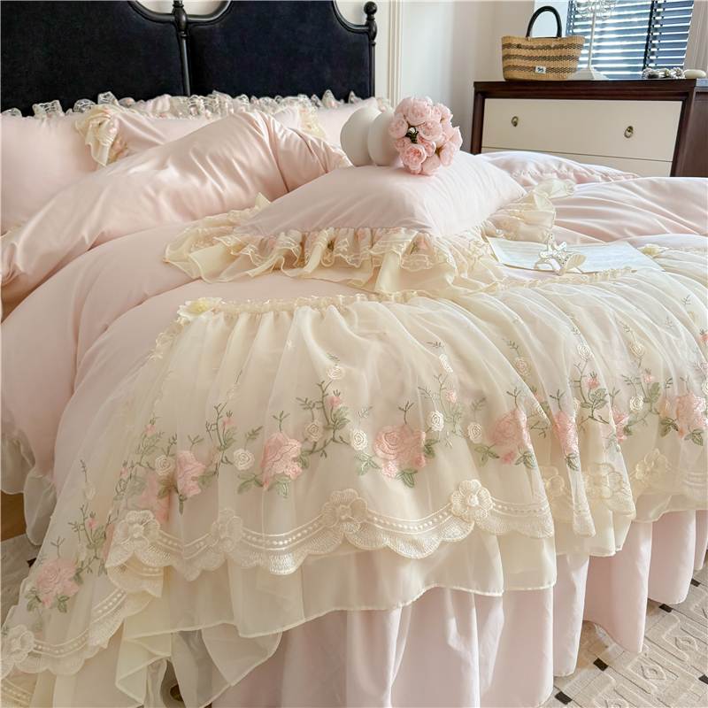 4 個プリンセスウェディング寝具セット韓国スタイルのレースの花の刺繍布団カバーベッドシート/ボックスシーツ/ベッドスカート枕カバー