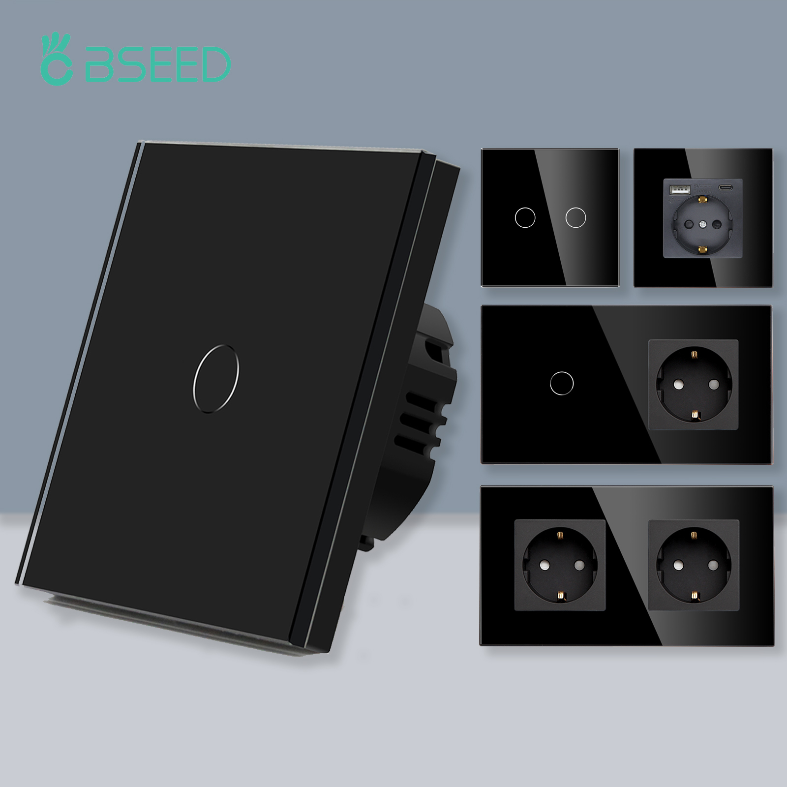 BSEED 1/2/3Gang タッチライトスイッチセンサースイッチ 1Way 壁電気ソケット USB Type-C ガラスソケット EU 標準黒