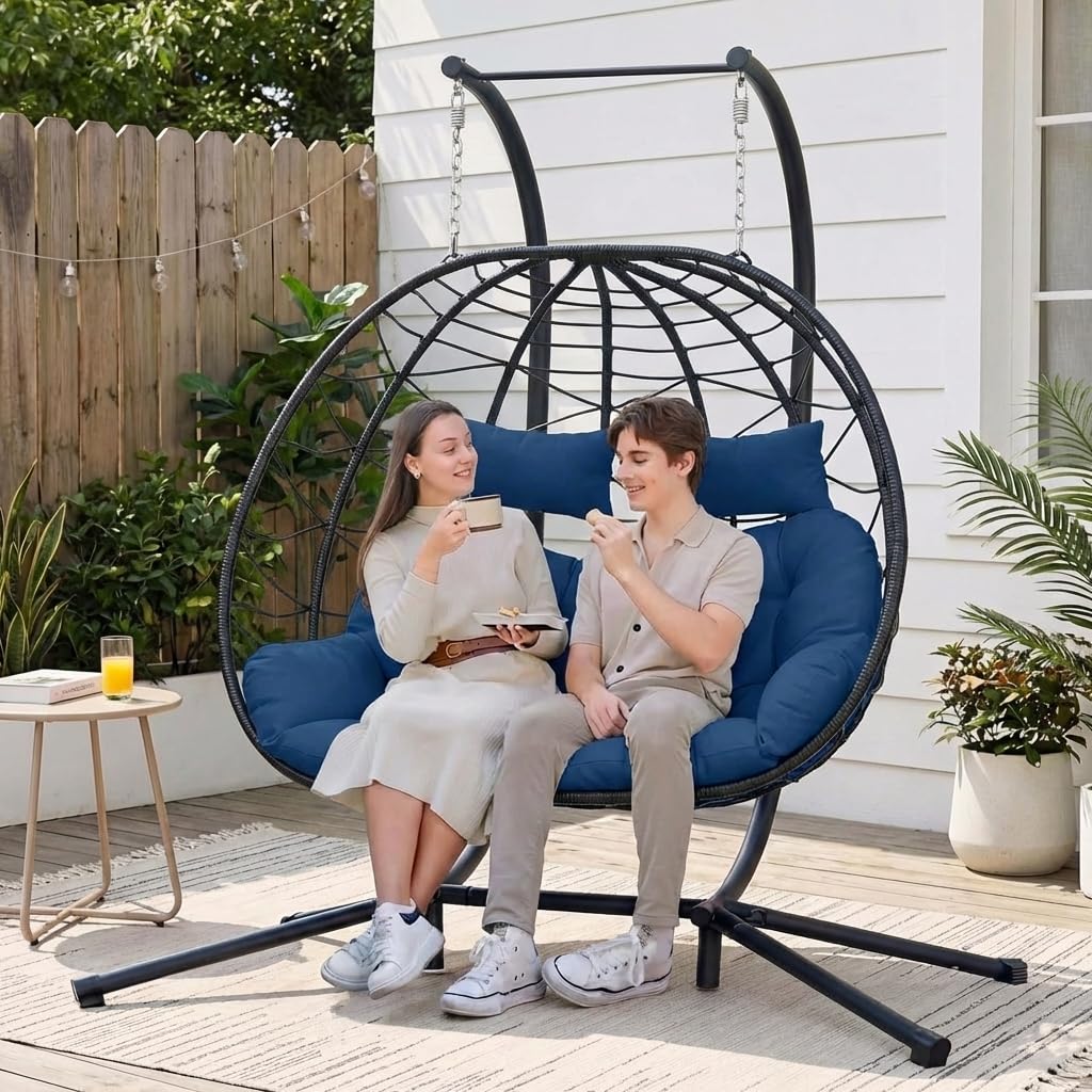 スタンド付き2人用籐吊りエッグチェア - 耐荷重700ポンド、屋内/屋外ダブルエッグスイングハンモックチェア、カスタマイズ