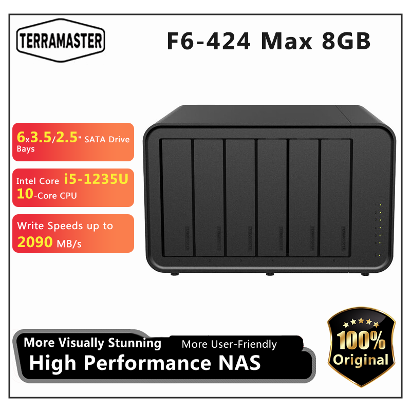 TERRAMASTER F6-424 最大 8GB 最大 NAS ストレージ - 6ベイ Core i5 1235U 10コア 12 スレッド、DDR5 RAM、ネットワーク接続ストレージ (ディスクレス)