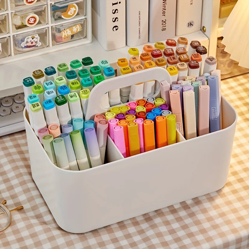 ハンドル付き5コンパートメントプラスチック収納バスケット、ペン、鉛筆、文房具用ポータブルオフィスデスクオーガナイザー、混合色