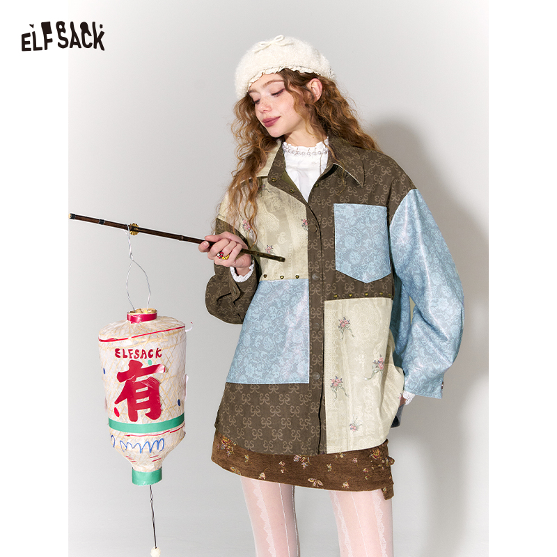 ELFSACK 2026 ヴィンテージ フローラル ジャガード ジャケット レディース PU レザー
