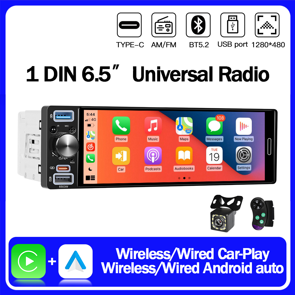 6.5 インチ 1DIN Carplay Android Auto ユニバーサル MP5 カーラジオサポート FM/AM ワイヤレス AUX IPS タッチスクリーンマルチメディアビデオプレーヤー