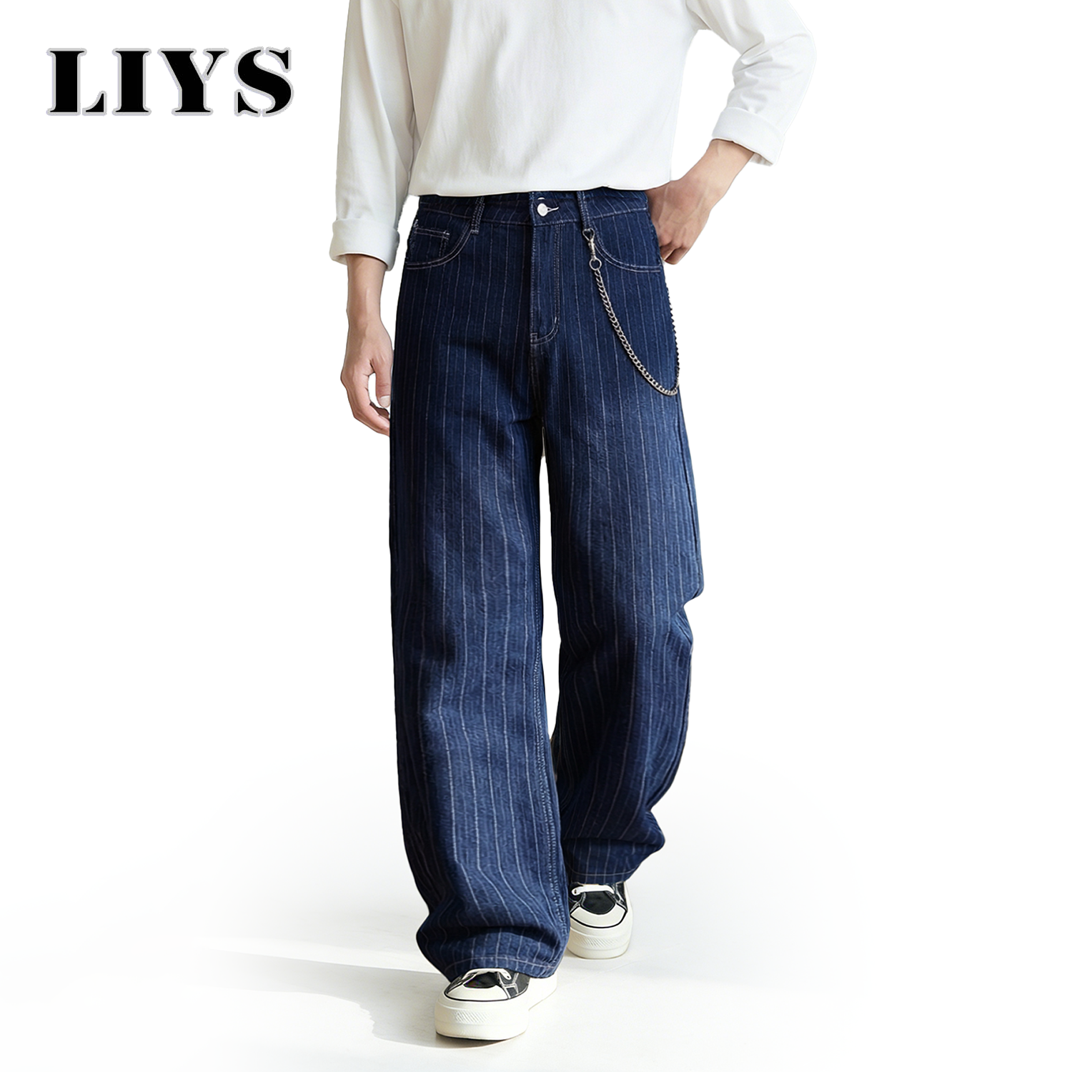LIYS 日韓スタイルストライプペアジャカードストレートレッグメンズジーンズアメリカンレトロストライプビジネスストレートデニムパンツ