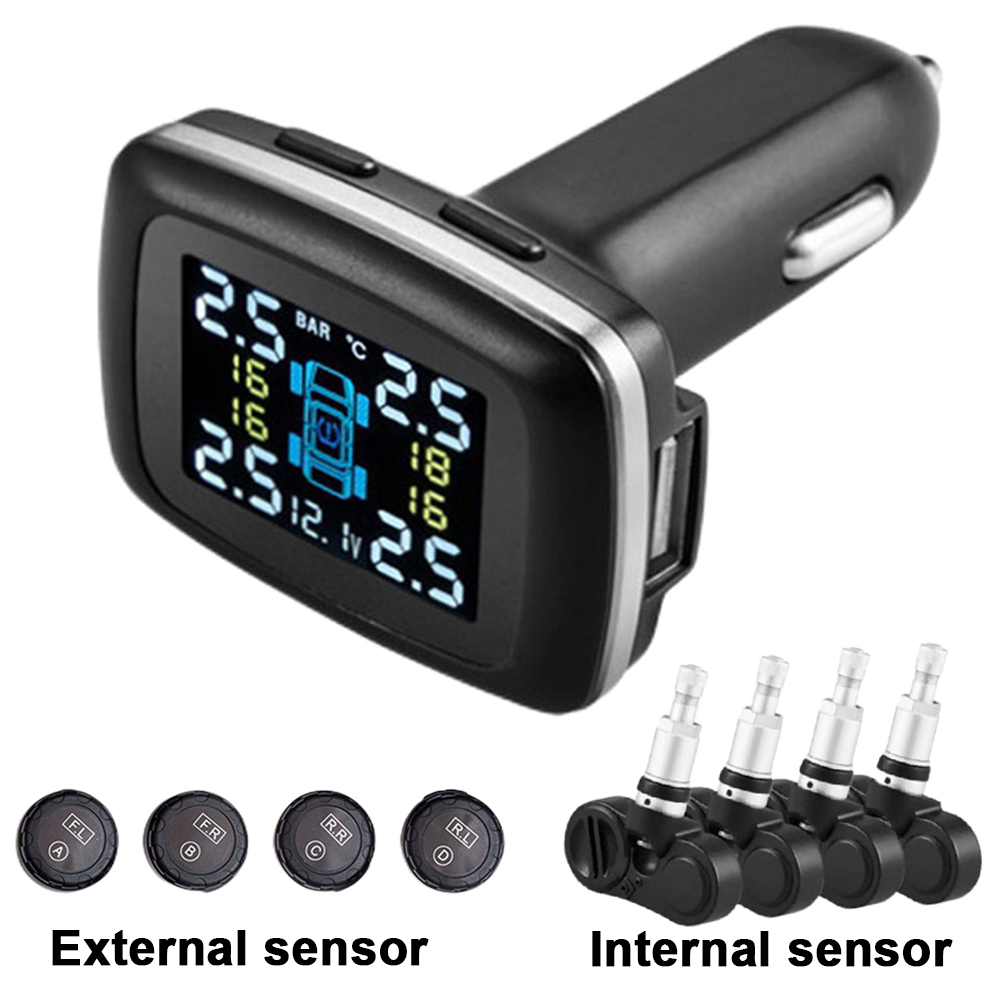 車の TPMS シガーライター 12V 車のタイヤ空気圧監視システム USB ポート自動セキュリティ警報システム 4 センサーディスプレイ付き