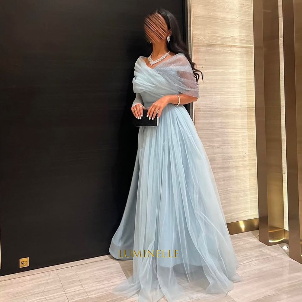 Tulle Evening Dresses Off Shoulder A-Line Beaded Embellished Light Blue فساتين سهرة Draped Floor Length Prom Dress For Women