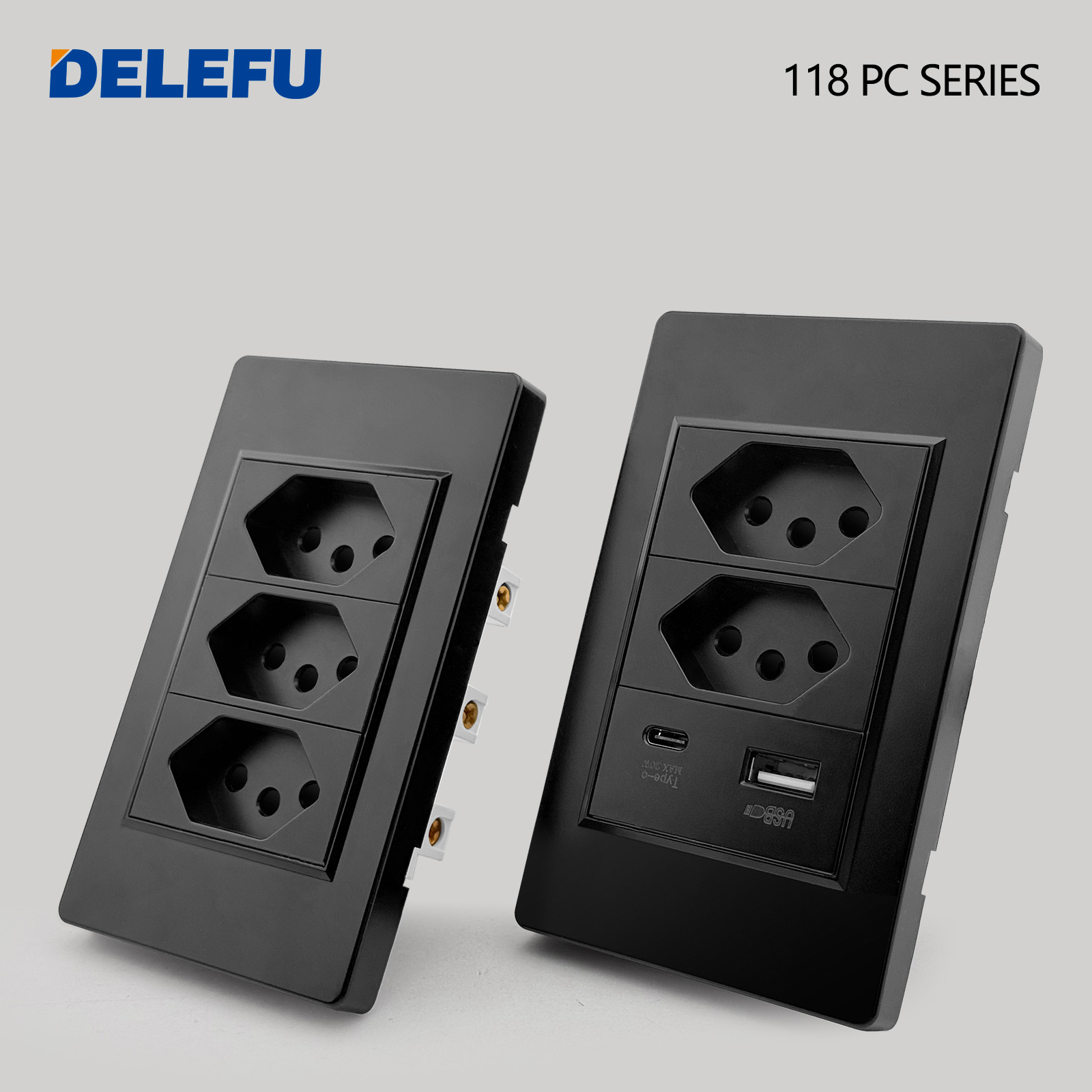 DELEFU PC パネル耐火性ブラジル標準コンセントダブル USB タイプ C 充電黒壁電源ライトスイッチ電気プラグ 10A 20A