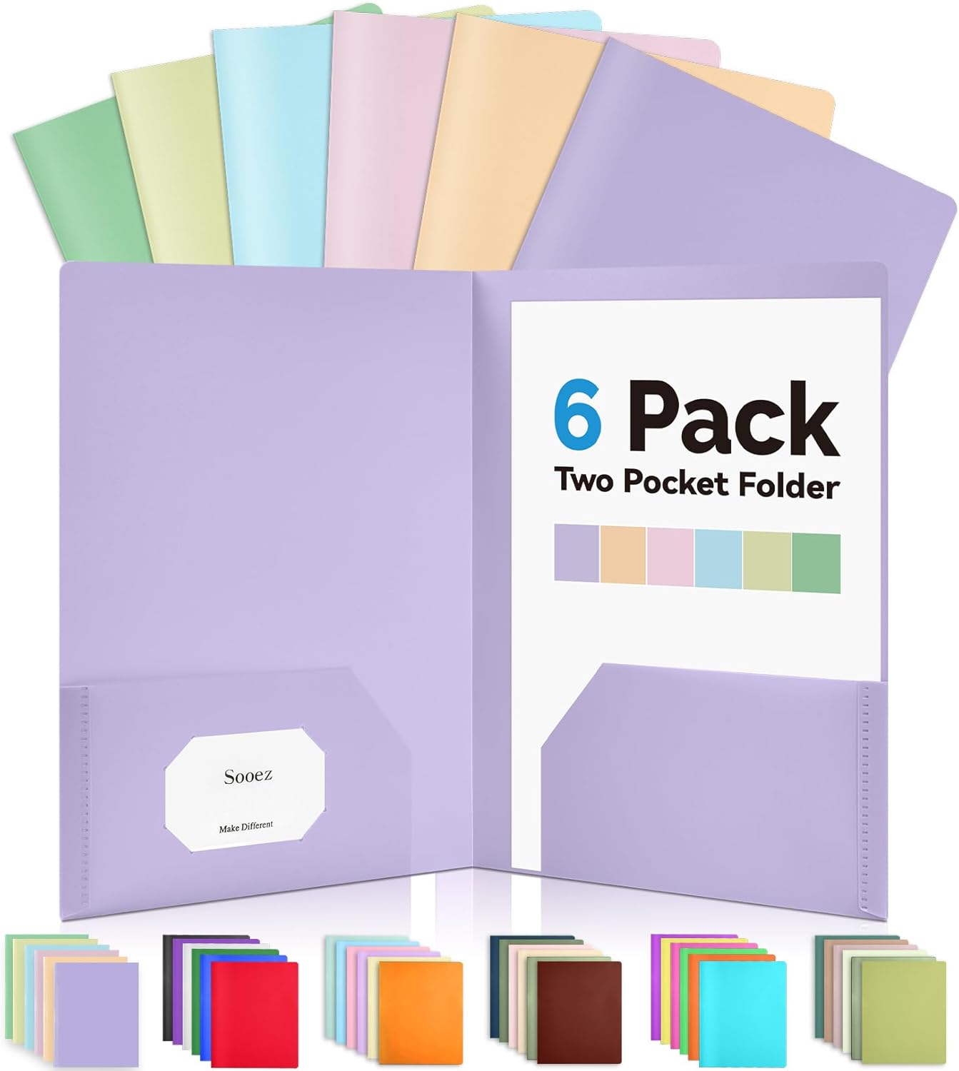 パステルカラーのプラスチック製ファイルフォルダー6個セット（ポケット付き）、丈夫な2ポケットファイルフォルダー（学校・オフィス用品用）