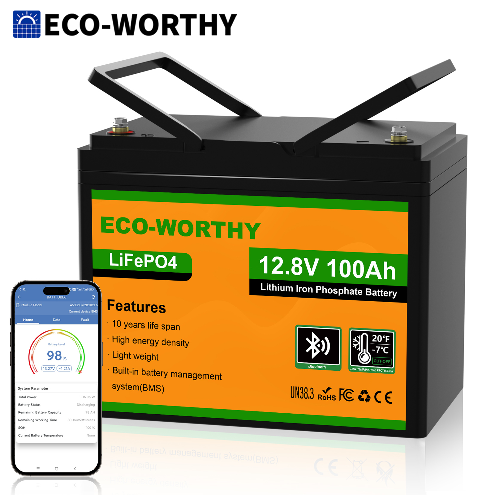 環境に優しい 12V 100AH LiFePO4 リチウム電池、Bluetooth 搭載、最大 1280Wh エネルギー、低温保護、トローリングモーター RV 用