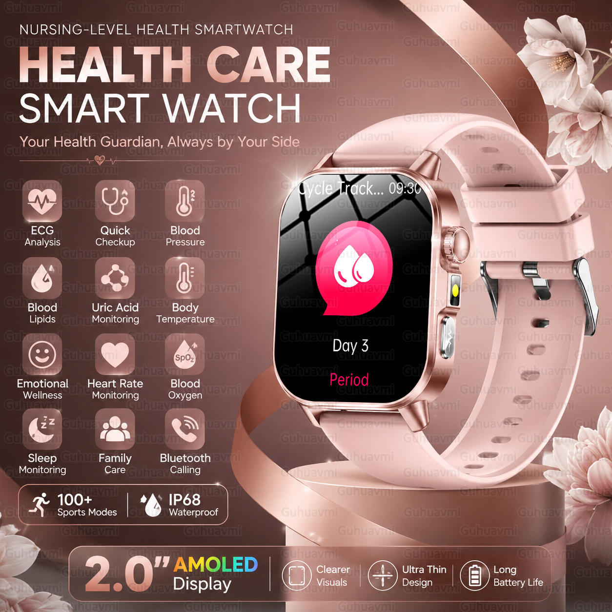 2.0 "AMOLED 看護グレードスマートウォッチ女性 ECG 血圧心拍数体温 Bluetooth 通話 IP68 防水スマートウォッチ