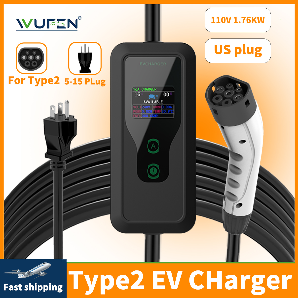 WUFEN メキシコ名 5-15 プラグ EV ポータブル充電器 3.5 メートル/5 メートル Type2 プラグコネクタ 16A 1P 1.76KW Type2 吉利 Vollvo EVSE 車