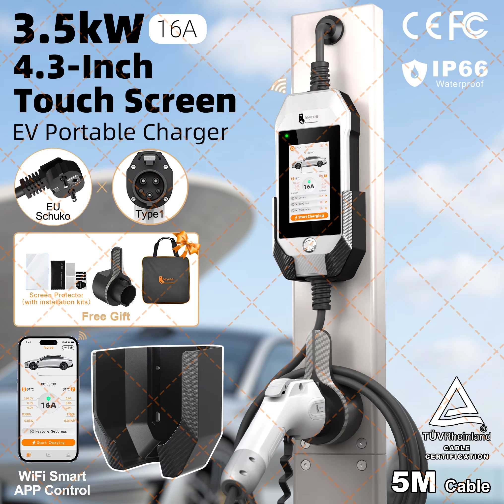 Feyree Type1 3.5kW 16A ポータブル EV 充電器 4.3 インチタッチスクリーンスマート WIFI APP リモートコントロールデザイン AC EV 充電ステーション