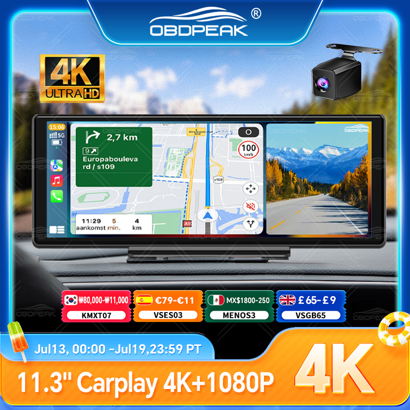 11.3インチ OBDPEAK K2 Pro ダッシュカム 4K DVR GPS ナビゲーション ワイヤレス CarPlay