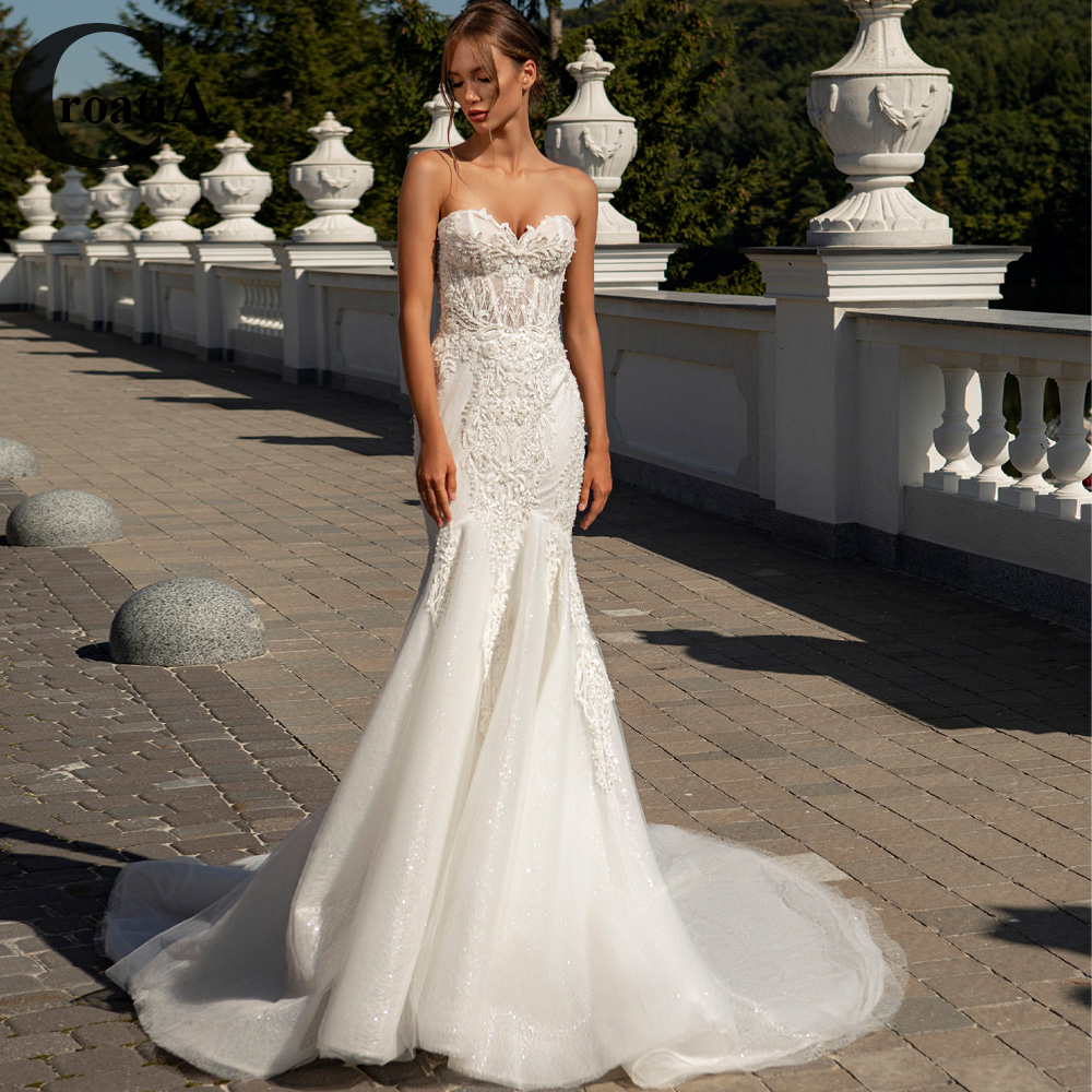 Croadia セクシーなマーメイドネッティングウェディングドレスレースアップ現代アップリケ結婚女性のためのアップリケ Vestidos デノビアカスタマイズ