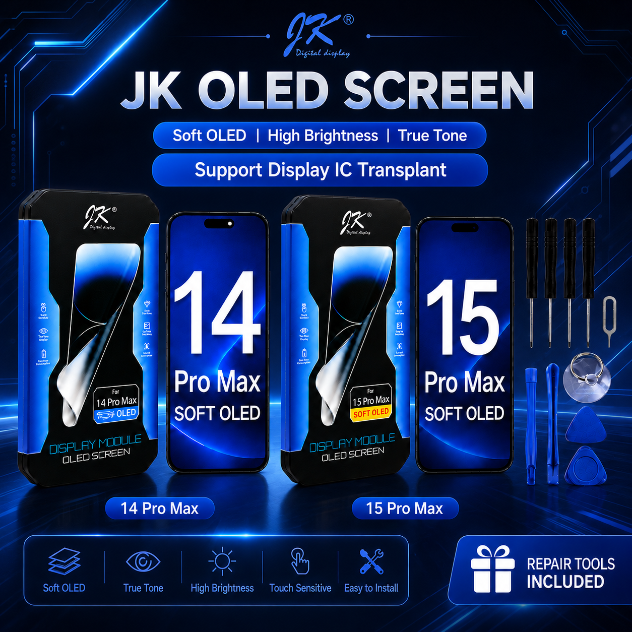 オリジナル JK ブランド OLED スクリーン iPhone 14 15 Pro Max アセンブリ用