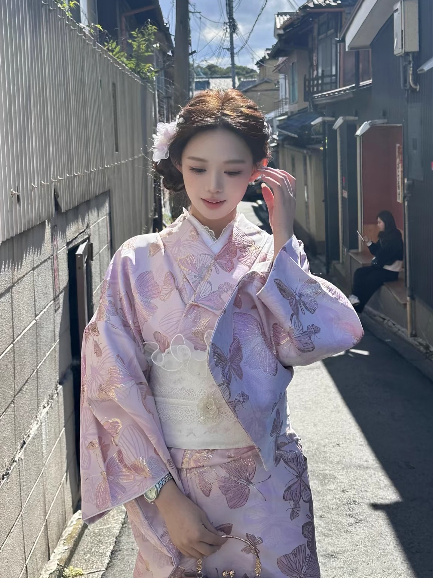 女性の改良された蝶ジャカード着物日本の大正風浴衣旅行写真ドレス Cos 衣装
