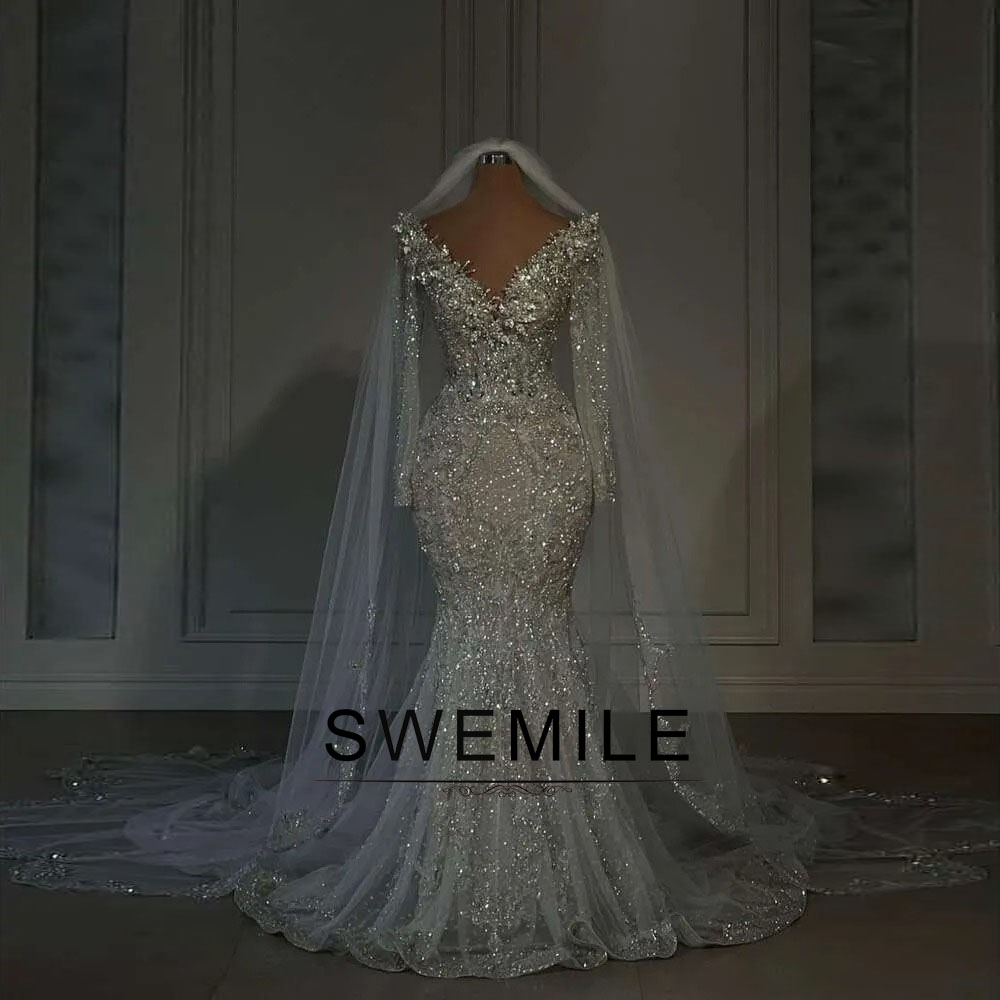SWEMILE グリッタービーズ 2026 ウェディングドレスフルスリーブマーメイドブライダルガウンアップリケ Vestidos デノビアプラスサイズカスタマイズ