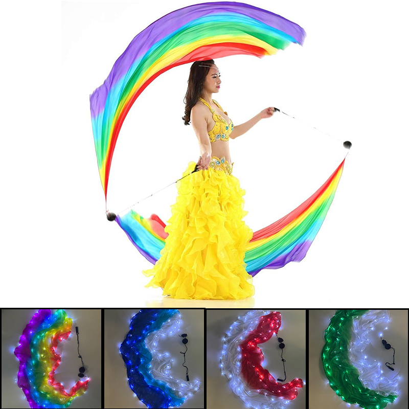 カラフルな LED 光るシルクジムリボン発光シルクポイチェーンボール女性のためのベリーダンスパフォーマンスステージ小道具 1pc