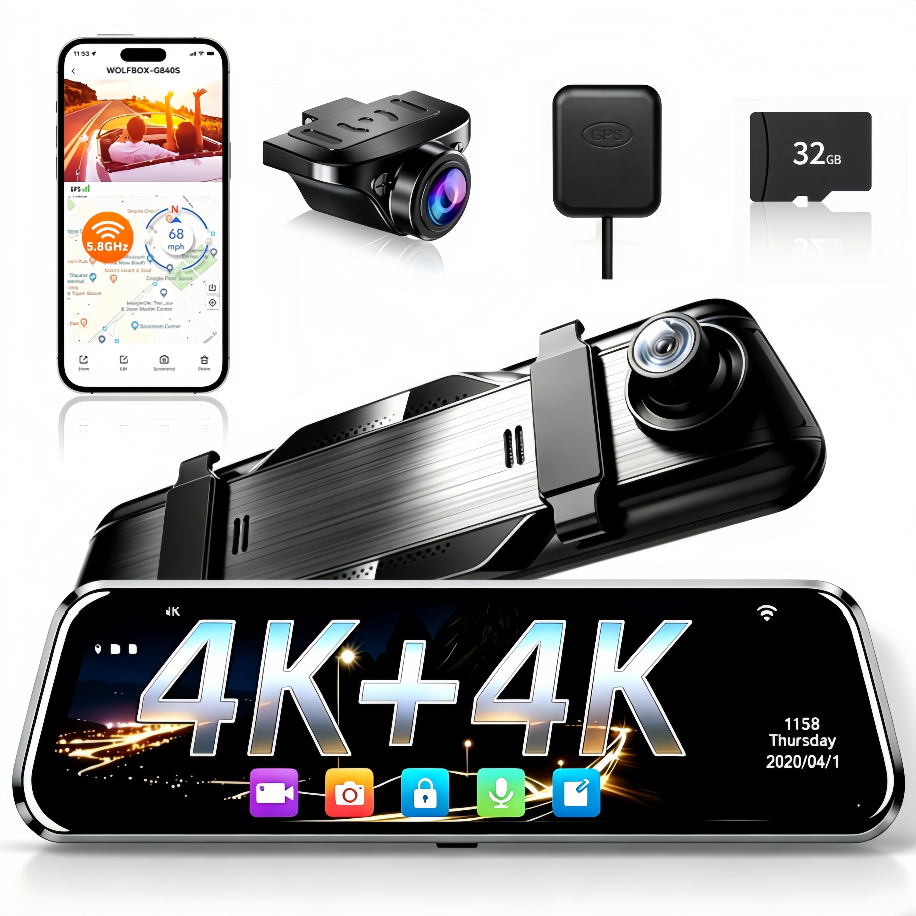 10 Inch Wifi Dash Camera 4K Car DVR FOV 170 Mirror Camera Dash Cam Car Voice Control ADAS and GPS 24H Parking View Touch Screen