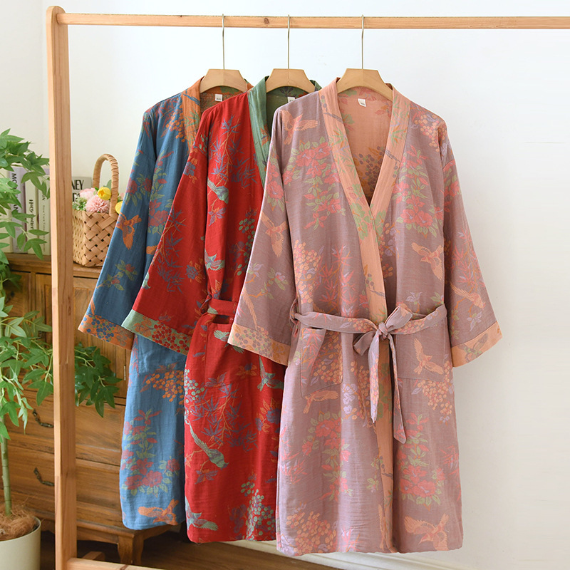 春と夏の綿着物パジャマローブ綿薄いパジャマ服女性のためのレトロなジャカードスウェットシャツバスローブ