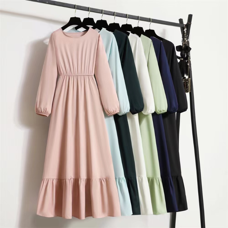 春秋 Mujer Vestidos ソリッドフルスリーブ O ネックカジュアルシフォンドレス女性イスラム教徒ロングドレス固体ルーズマキシドレス