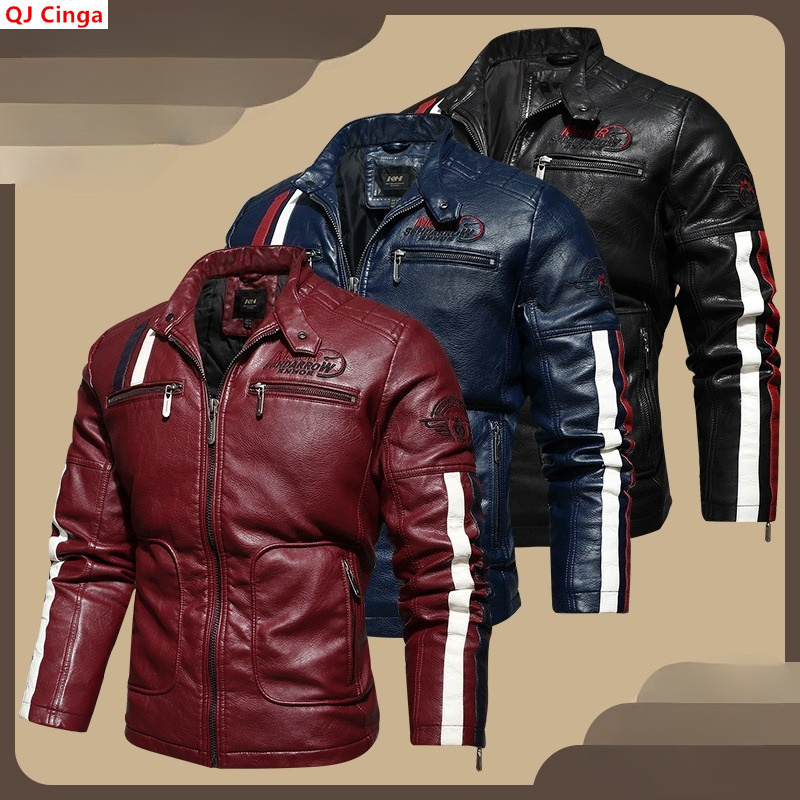 秋冬用のメンズレッド長袖PUジャケットとブルーフェイクレザーモーターサイクルコート。ヨーロッパサイズはS～XXXL。