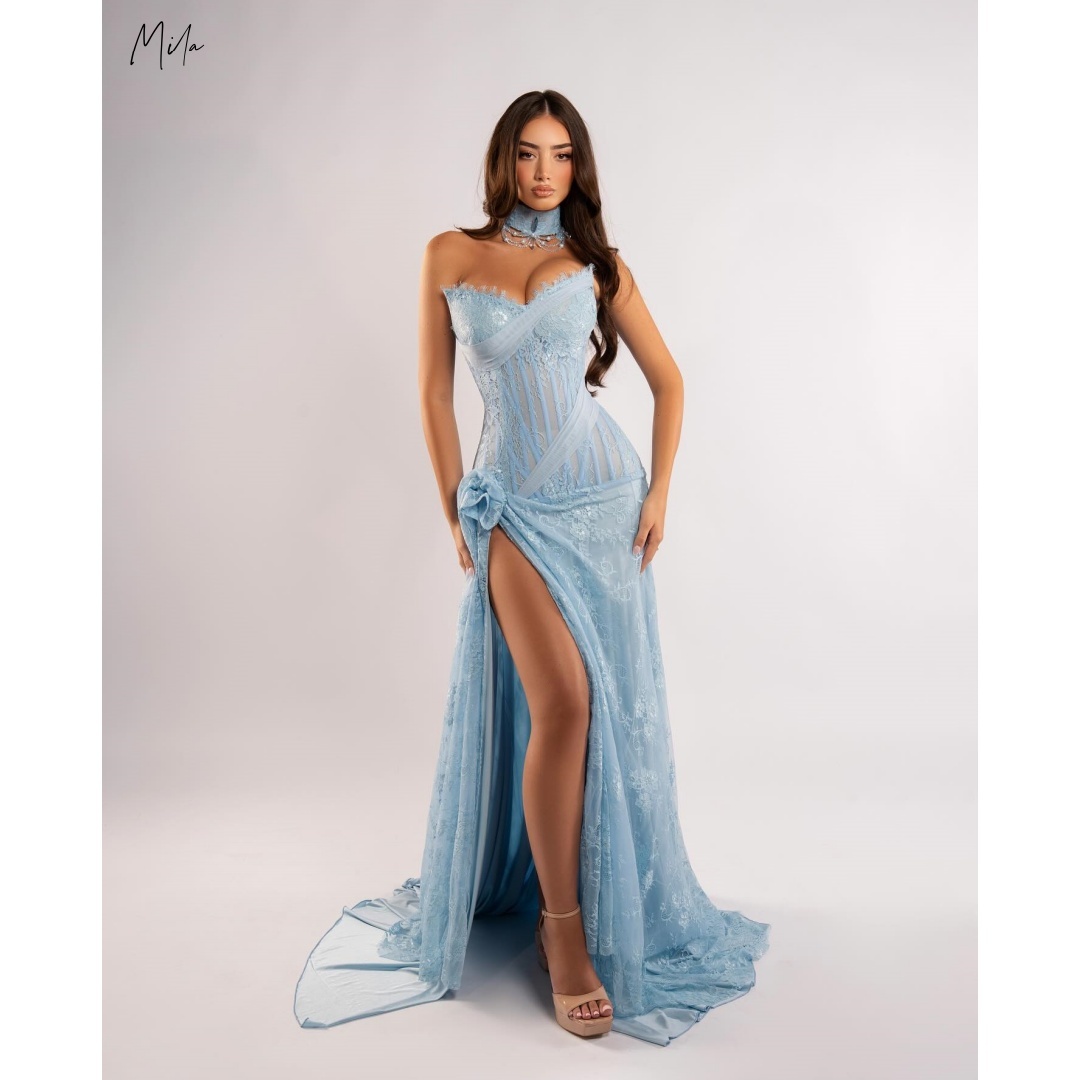 ミラ ライトブルー ストラップレス チョーカー ネック vestidos de gala レース スパンコール カスタマイズされたフォーマルイブニング ハイスリット プロムドレス エレガント 2025