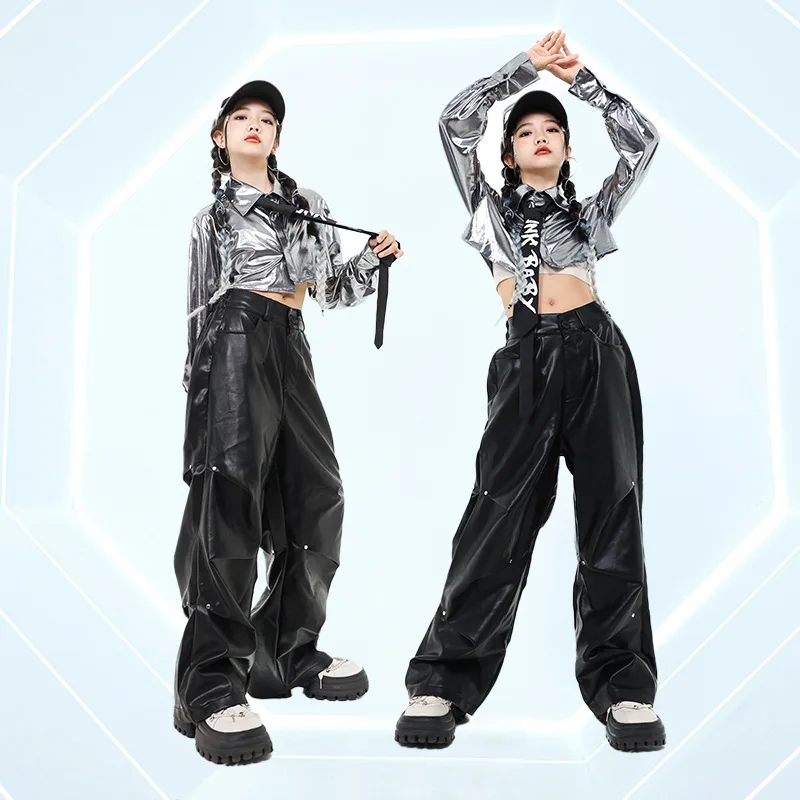 女の子ジャズダンス服セット K-POP スタイルシルバーへそトップスパンツ子供ヒップホップパフォーマンスウェアティーンエイジャーモダンダンス衣装