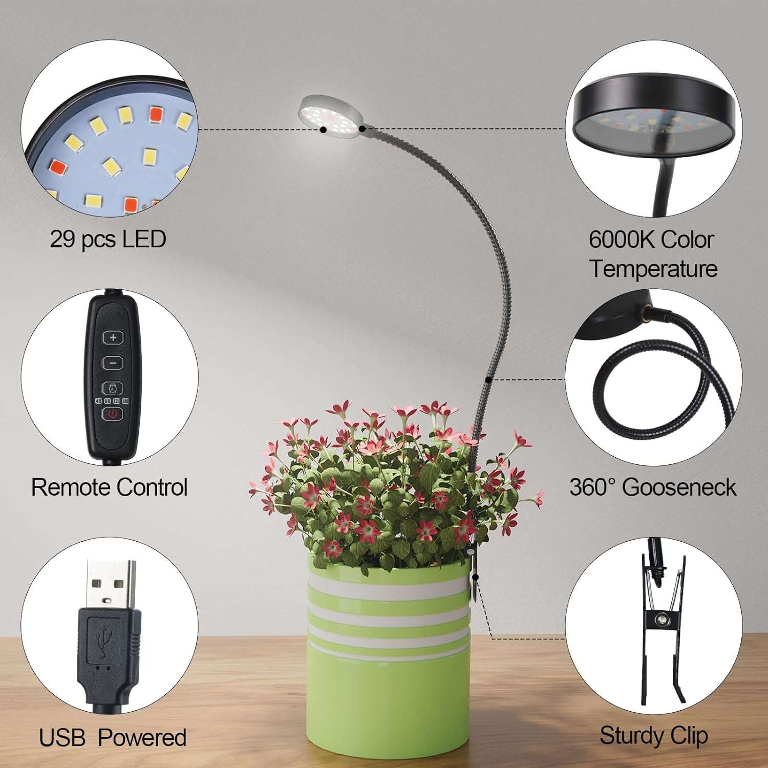 USB LED 成長ライト 6000K フルスペクトルポット植物ライト 5V グースネッククリップオン植物ランプ調光可能自動オン/オフ 4/8/12/18 時間