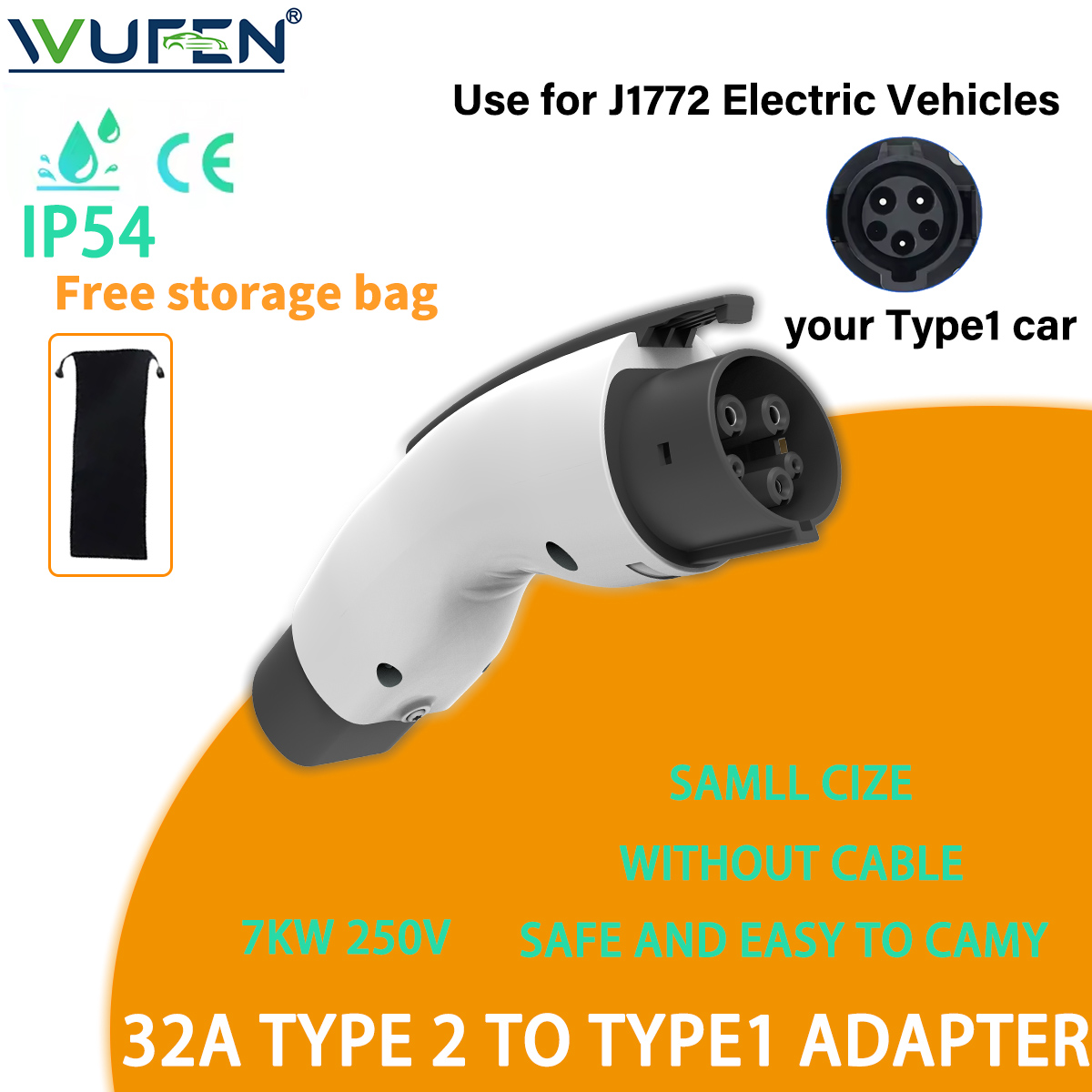 WUFEN タイプ 2 からタイプ 1 EV 充電器アダプター 32A 7KW MAX タイプ 1 充電ソケット付き電気自動車用タイプ 2 充電器と互換性あり