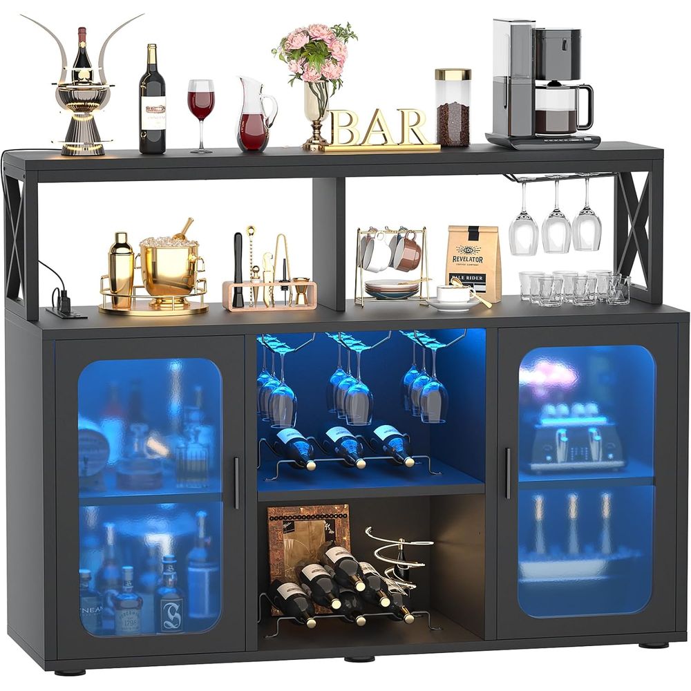 グラスホルダーと電源コンセント付き照明付き酒キャビネット、ワインラック付きブラック収納バーキャビネット