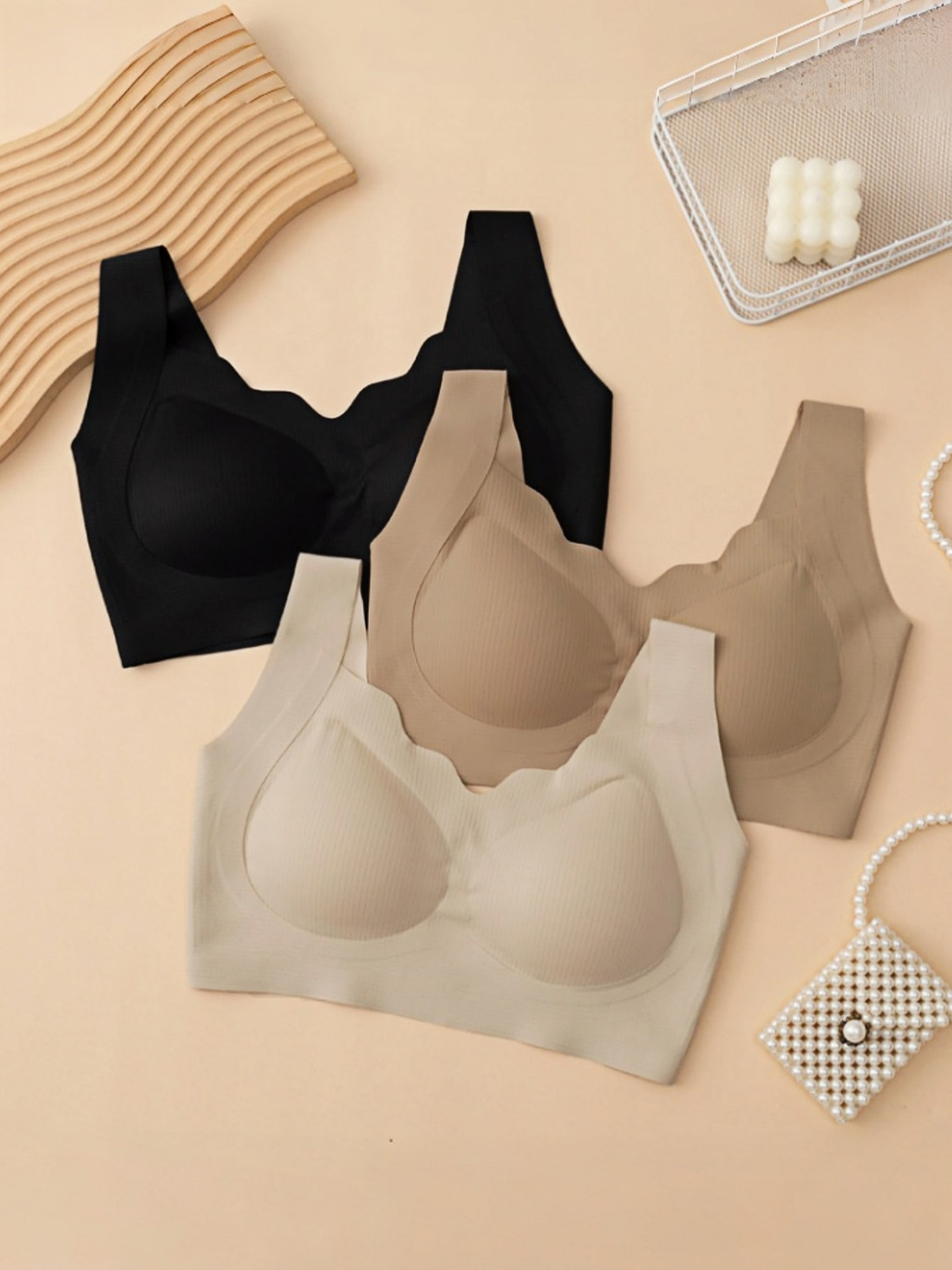3 個のソリッド シームレス ウェーブ エッジ ワイヤレス V ネック通気性コンフォート ブラジャー