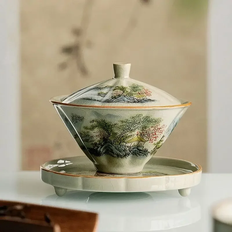 景徳鎮-竹帽子付きセラミックティーカップ、伝統的な手作りの茶器、シングルボウル、蓋付きカンフーティー、Sancai Gaiwan