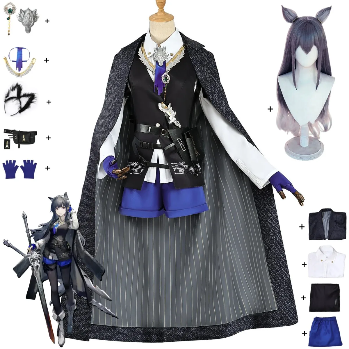 ゲーム Arknights テキサス Omertosa コスプレ衣装グレーマントコートショーツ制服フルセットかつら女性セクシーなカーニバルパーティースーツ