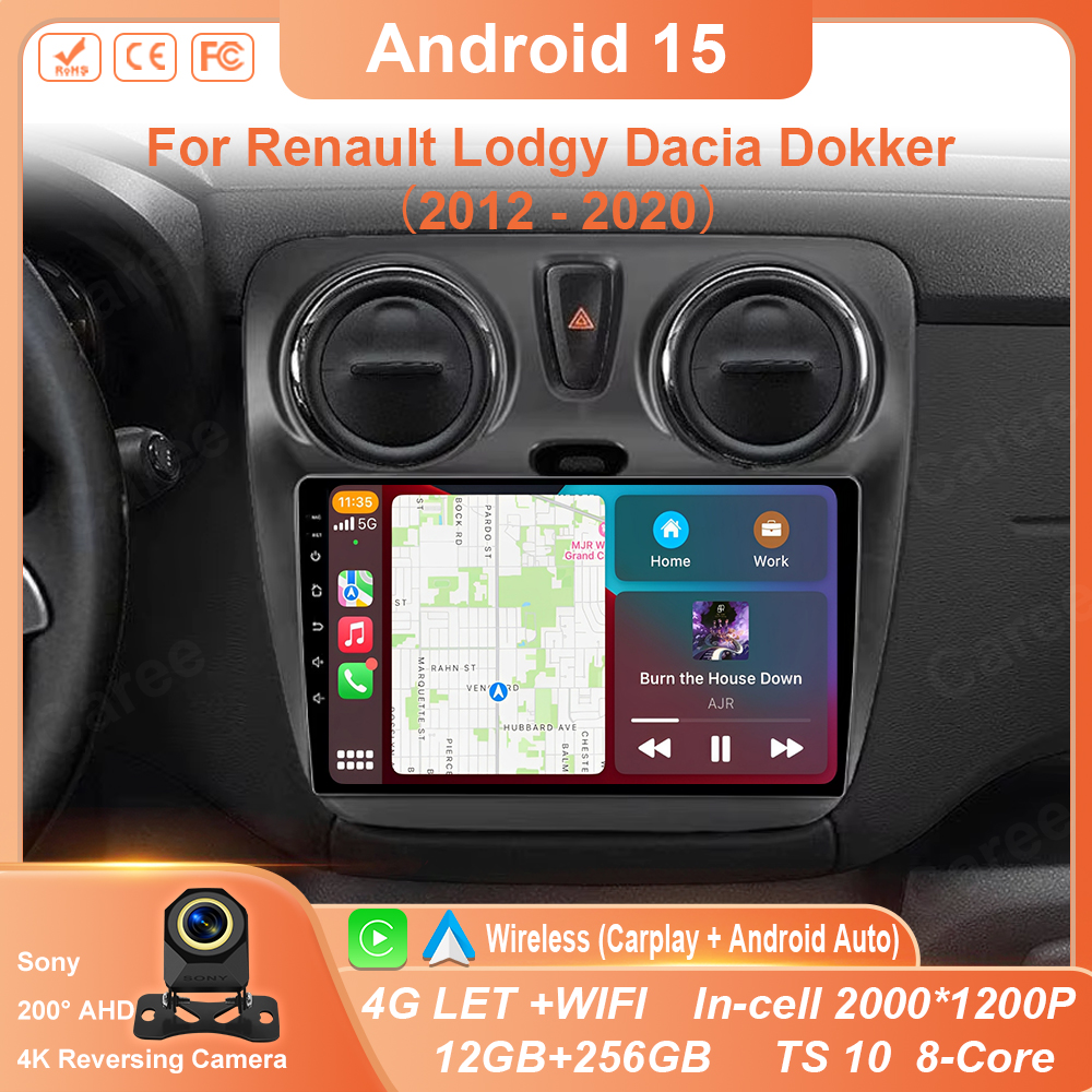ルノー Dokker Lodgy Dacia 2012-2020 カーラジオマルチメディア Android 15 プレーヤー Android 自動 Carplay ヘッドユニットナビゲーション GPS