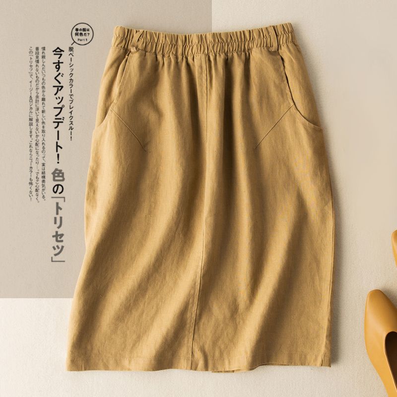 Women's New Retro All Match Half Skirt, Women's Summer Cotton and Linen Mid Length High Waist A-line Wrapped Hip Skirt