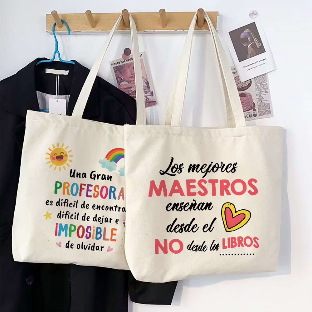 Spanish Print Women Tote Bag School Book Bags Female Canvas Shopping Bags Travel Shoulder Bag Graduation Thanks Gift for Teacher