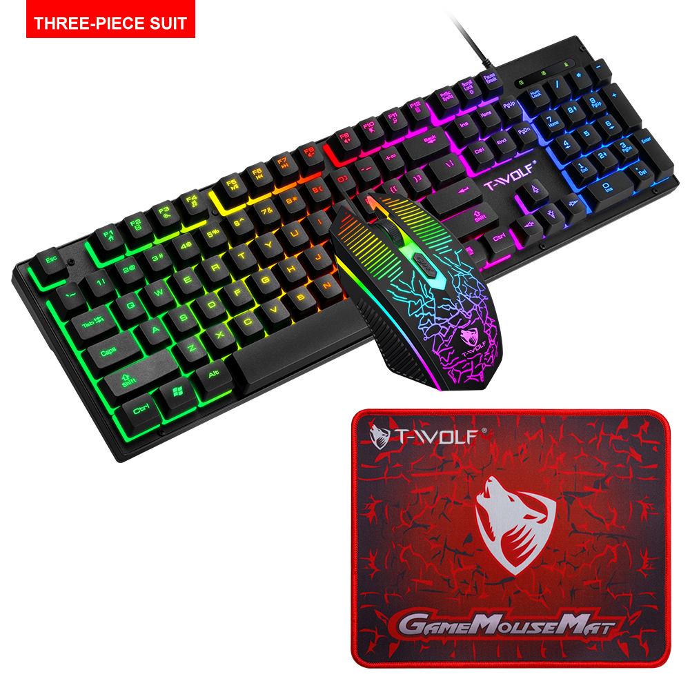 T-WOLF TF400 4 in 1 ポータブル有線ゲーミングキーボードとマウスパッドヘッドフォン 4 in 1 コンボ LED ライトゲームセットコンピュータ用
