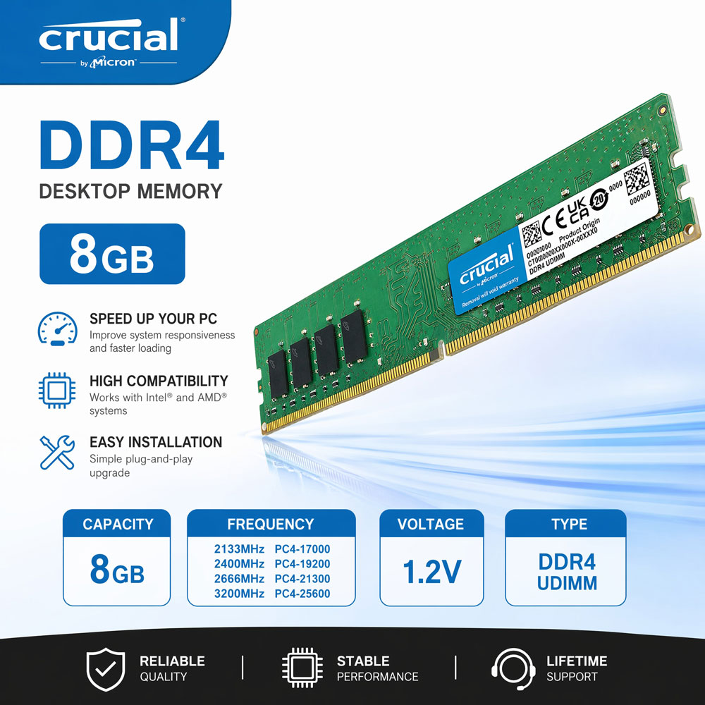 Crucial Memoria デスクトップ RAM DDR4 8GB 3200MHz 2400 2133 2666MHz DIMM 288pin PC4-21300 19200 PC4-25600 17000 PC ゲーミング メモリ RAM