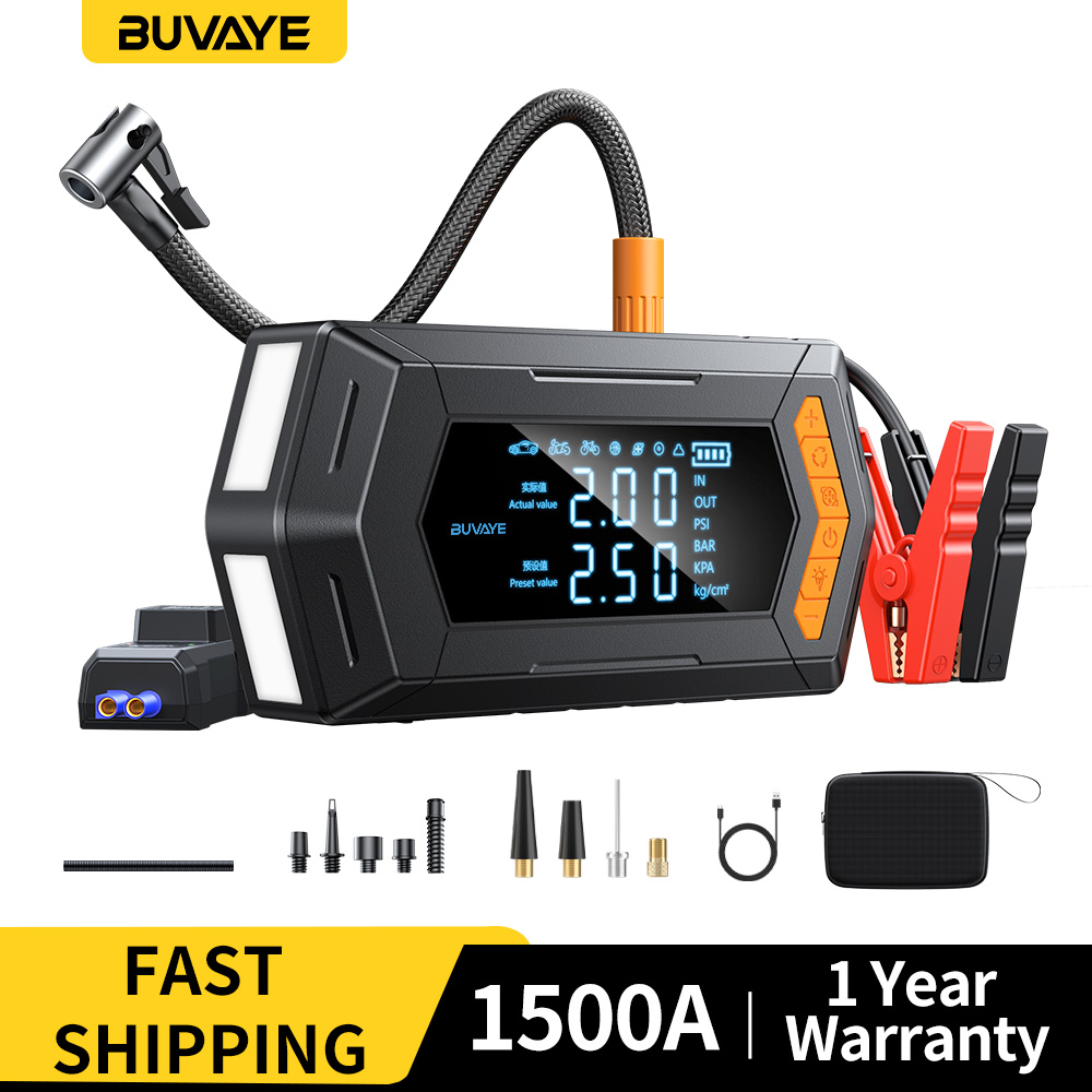 BUVAYE 車のジャンプスターター 1500A 12V 強力なバッテリースターター 10000mAh パワーバンク 150PSI エアコンプレッサー緊急ライト付き