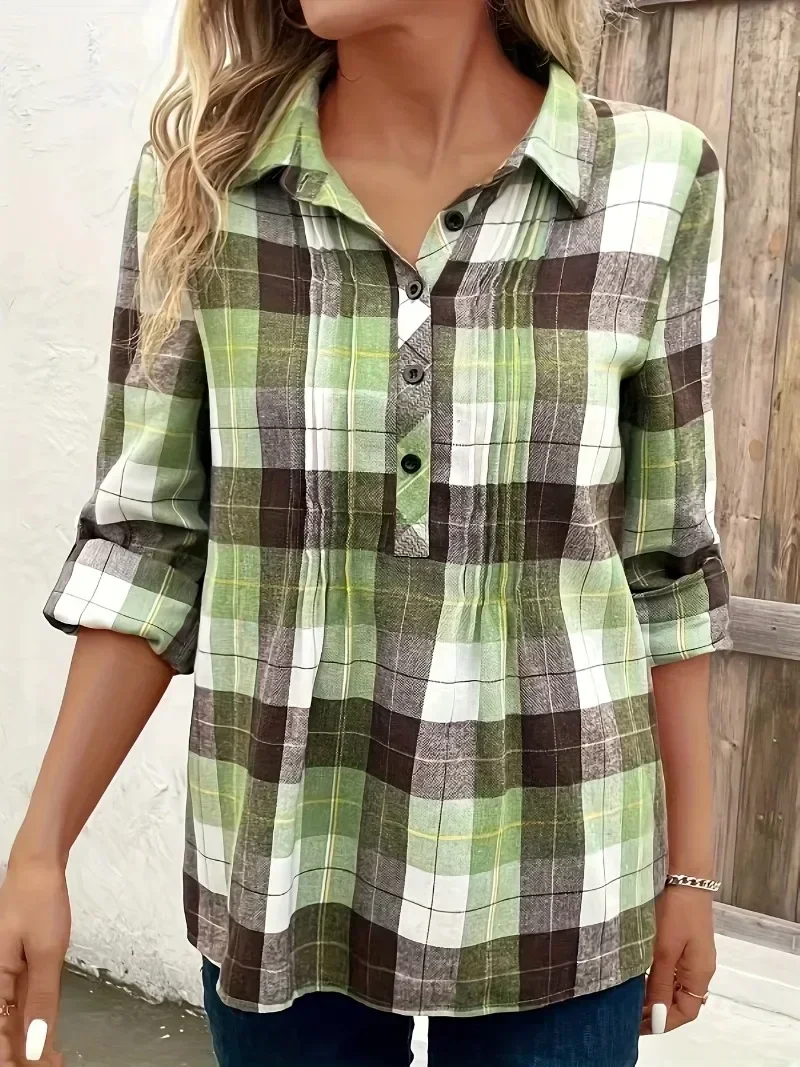 女性のプラスサイズ 1XL-5XL チェック柄プリント長袖カジュアルブラウスラペルカラープルオーバーシャ​​ツレディースファッションボタンアップシャツトップ