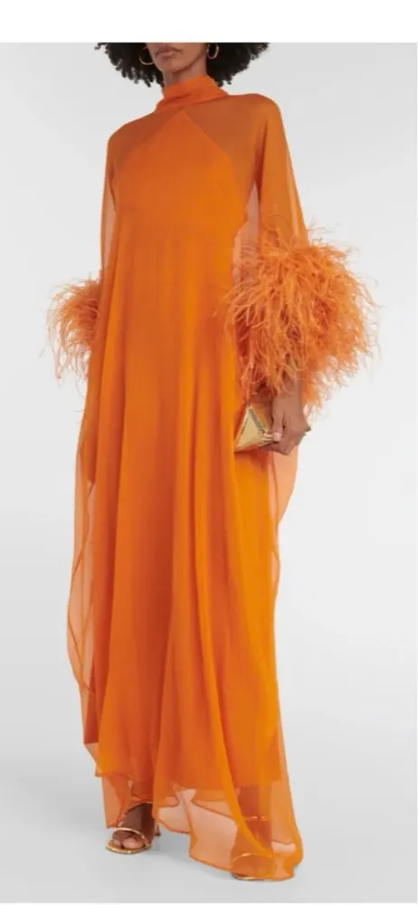 OLOEY オレンジシフォンイブニングドレスアフリカ女性ハイネック長袖羽ストレートフォーマルパーティー Customsed Vestidos