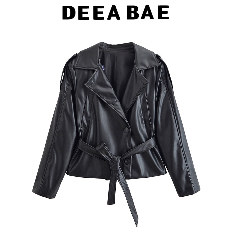 DEEABAE 秋の新製品の女性のショートスタイルベルト模造革長袖ショートウインドブレーカーレザーコートジャケット