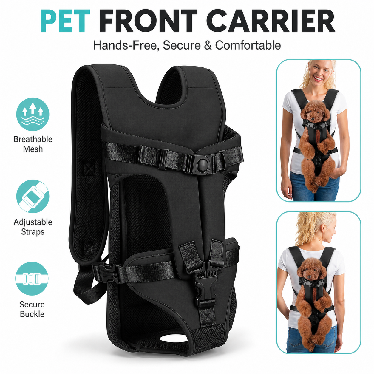 小型犬用ペットフロントキャリアバックパック、通気性メッシュ付きハンズフリー子犬チェストキャリア、旅行用調節可能なストラップ