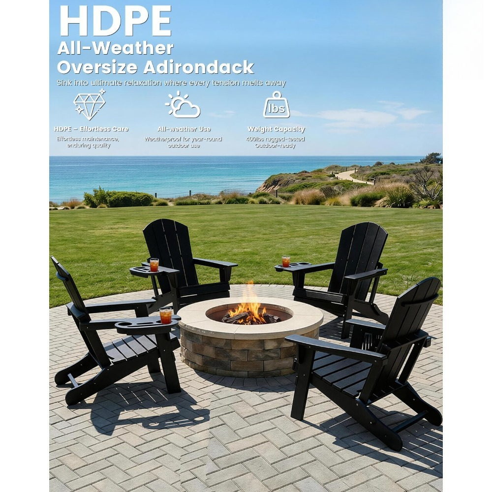 折りたたみ HDPE Adirondack チェア 4 個セット カップホルダー付き 耐候性プラスチック 屋外 パティオ 芝生 庭 裏庭 デッキ 防火