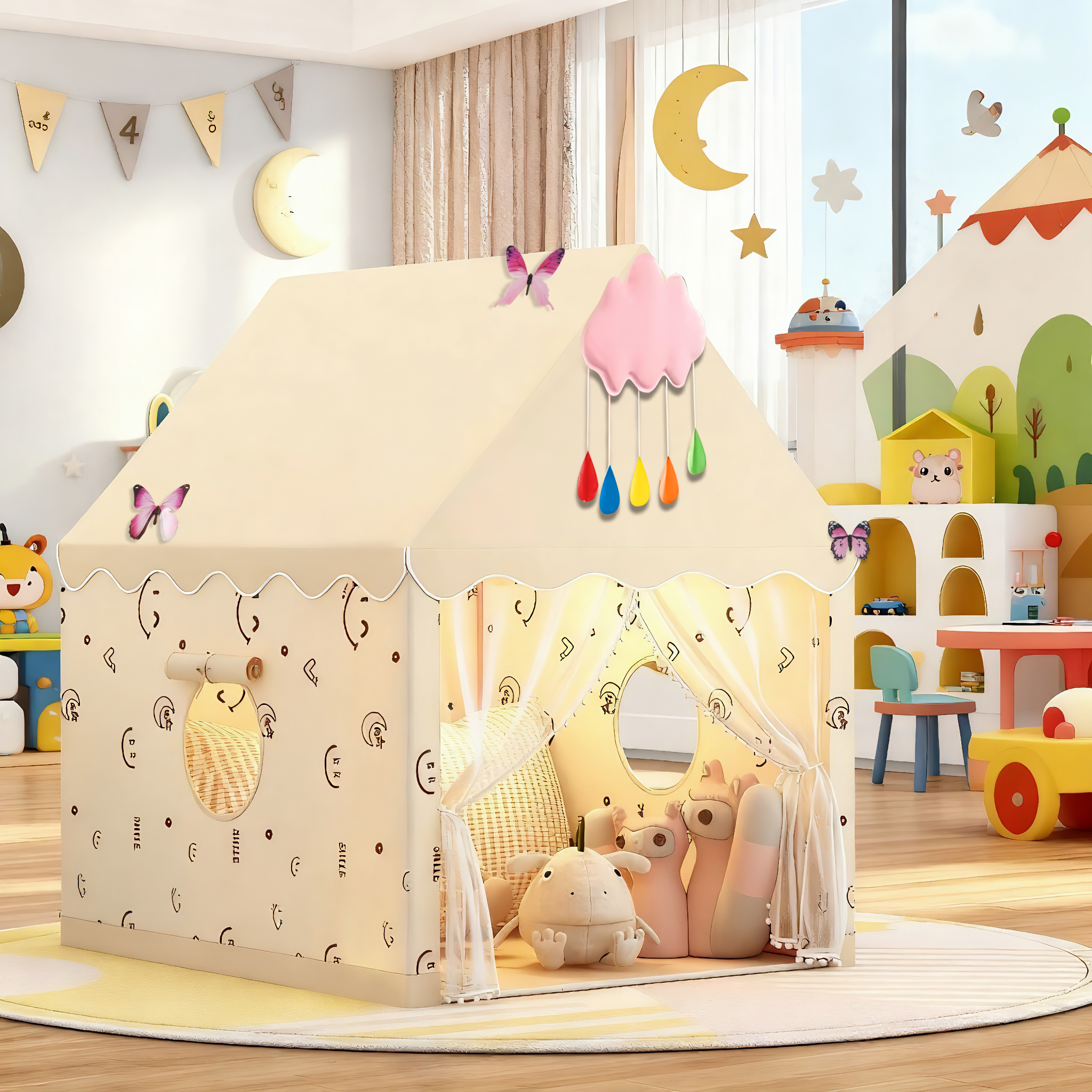 ベッドキャノピーパーティションテント、子供用楽しいプレイハウステント、おとぎ話の城テント、ごっこ遊びテント、子供用プレイテント、子供の秘密スペース、ポータブルおもちゃプレイハウス、雲/蝶、バート付き